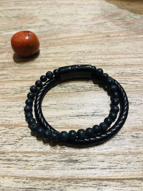 Bracelet Aska — Cuir Noir, Pierre de Lave & Shungite - A