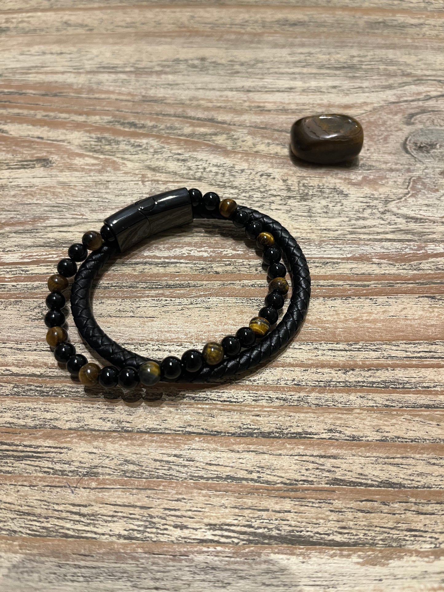 Bracelet Aska — Cuir Noir, Œil de Tigre & Onyx