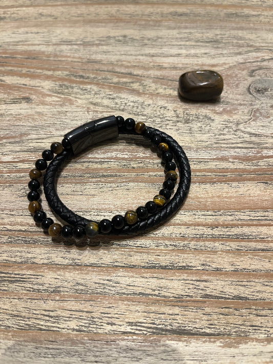 Bracelet Aska — Cuir Noir, Œil de Tigre & Onyx
