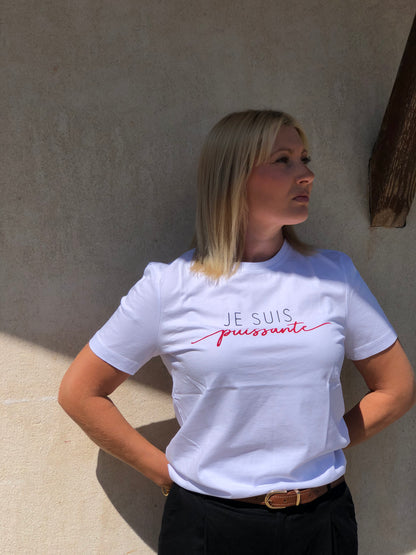 T-shirt blanc col rond "Je suis puissante"