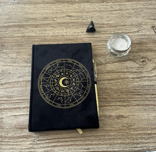 ✨ Journal, Signes d'Astrologie en Velours Noir – Avec Stylo Cristal d’Obsidienne