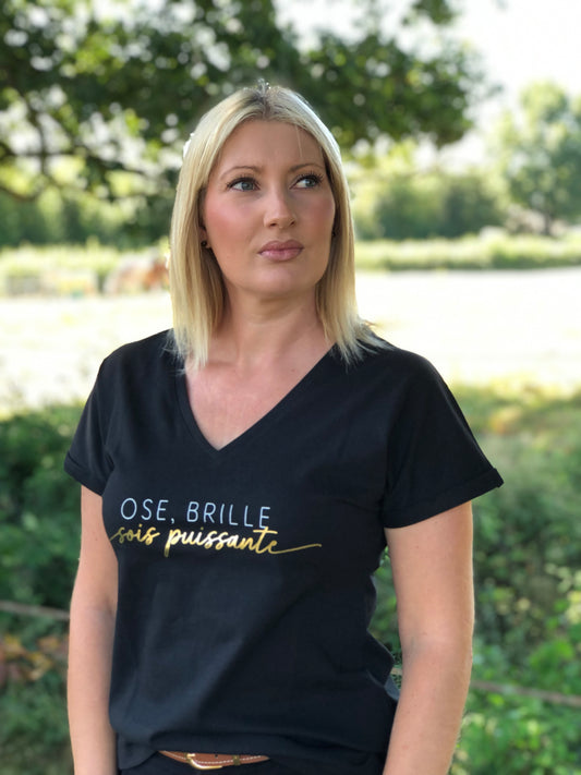 T-shirt noir col V "Ose, Brille, sois puissante !