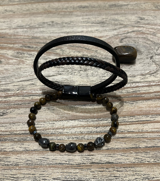 Bracelet Noxis — Cuir Noir & Œil de Tigre